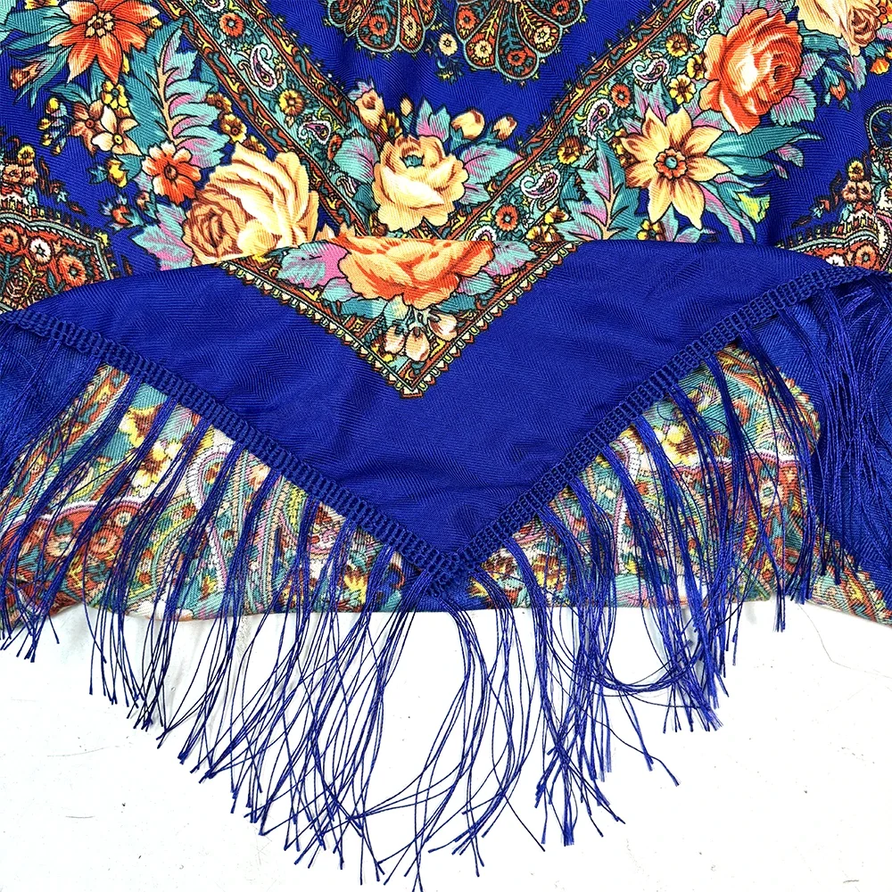 130*130 cm Luxe Bloemenprint Omzoomd Oekraïense Sjaal Vrouwen Russische Nationale Vierkante Sjaal Babushka Zakdoek Hoofd Wraps