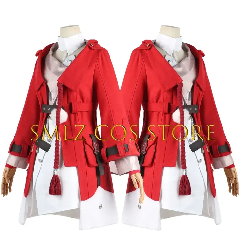 لعبة كلارا أزياء تنكرية هونكاي ستار ريل زي فتاة كلارا معطف أحمر قبعة أزياء تنكرية شعر مستعار