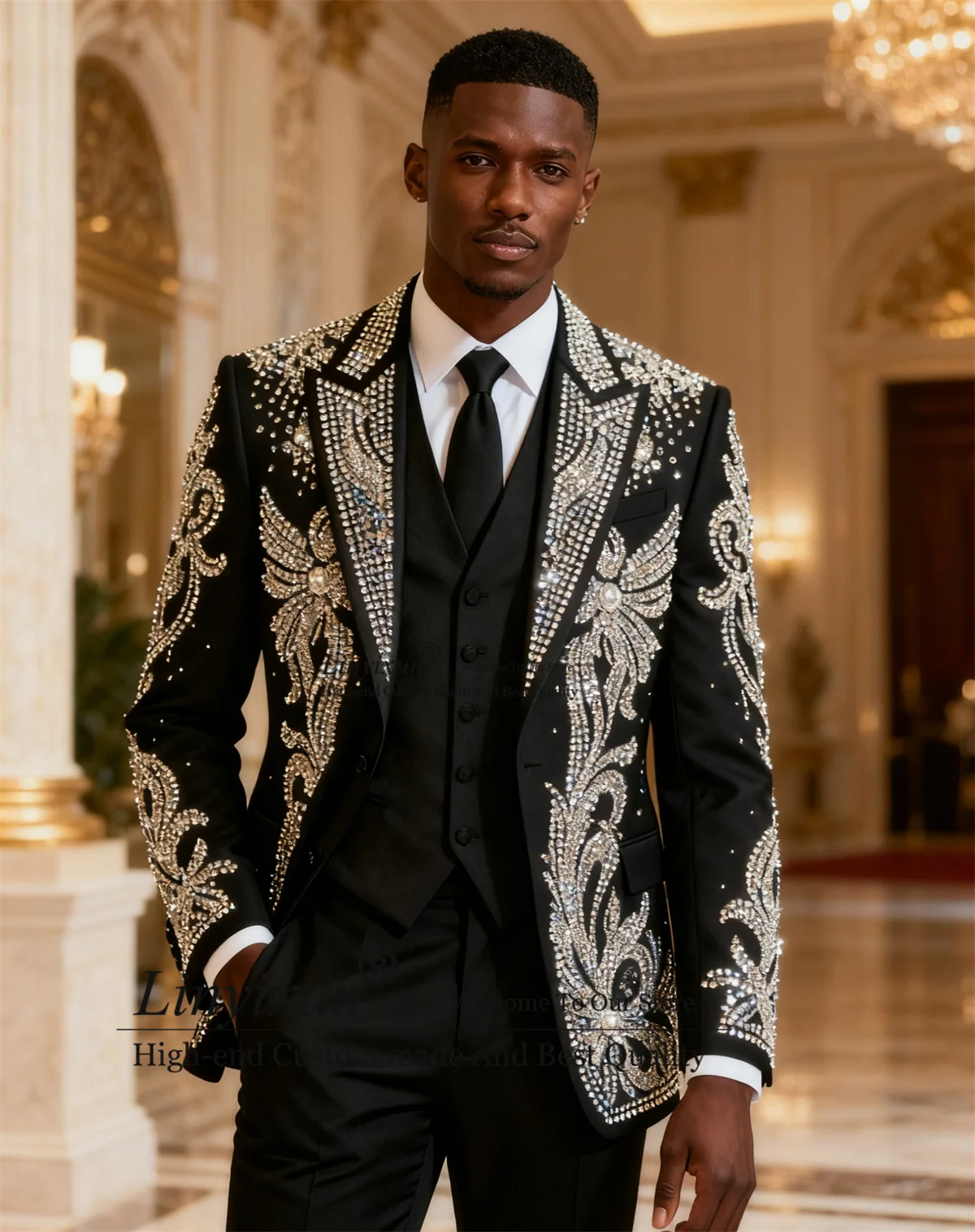

High End Rhinestone Crystals Men Suits 3 Pieces Sets Groom Tuxedos Wedding Male Party Blazer Customized Peaked Lapel Ropa Hombre