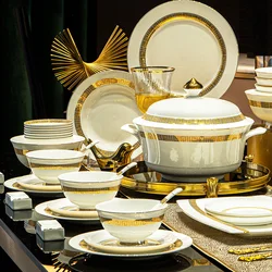 Fine Bone China Dinnerware Sets Home Kitchen Luxury Guests Wedding Tableware Set Gold Plates Jogo De Jantar Dinnerware Sets