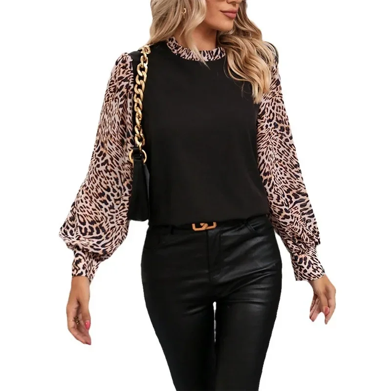 2024 New Women's Leopard Lantern Sleeve Pullovers Shirts Fashion Spring Autumn Office Lady O Neck Tops Patchworn Tees NASY0011