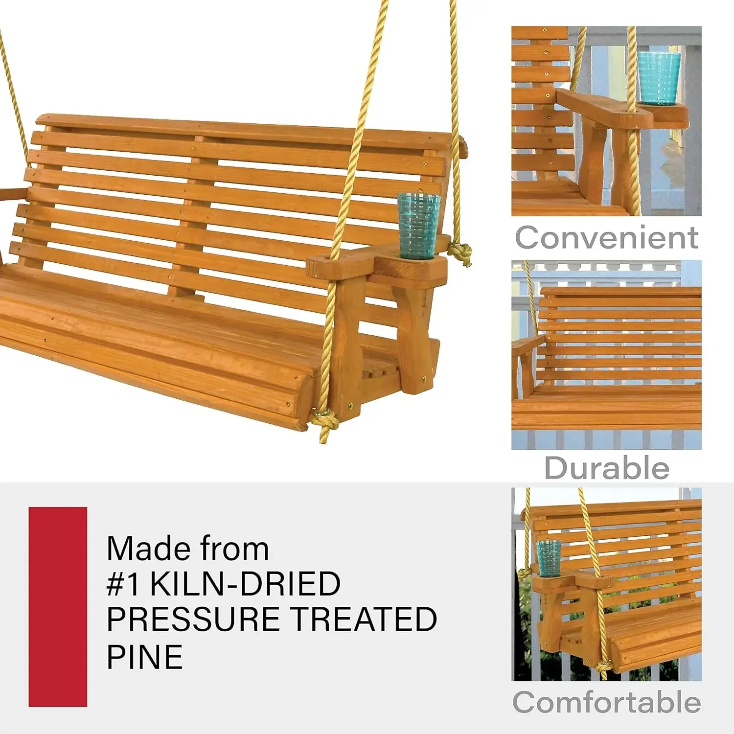 Amish Casual Heavy Duty Porch Swing, Roll Back Tratado com Cordas Penduradas e Cupholders, 800 Lb, 5 Pés, Cedro Stain