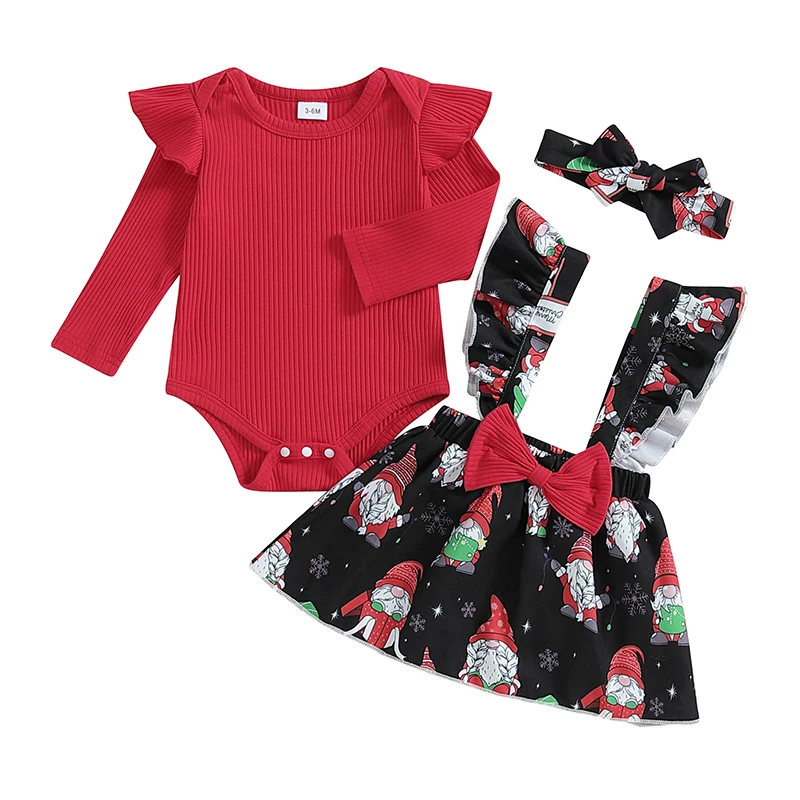 Baby Girl Christmas Outfit Ruffle Long Sleeve Ribbed Romper Santa Claus Print Suspender Skirt Headband 3 Piece Set