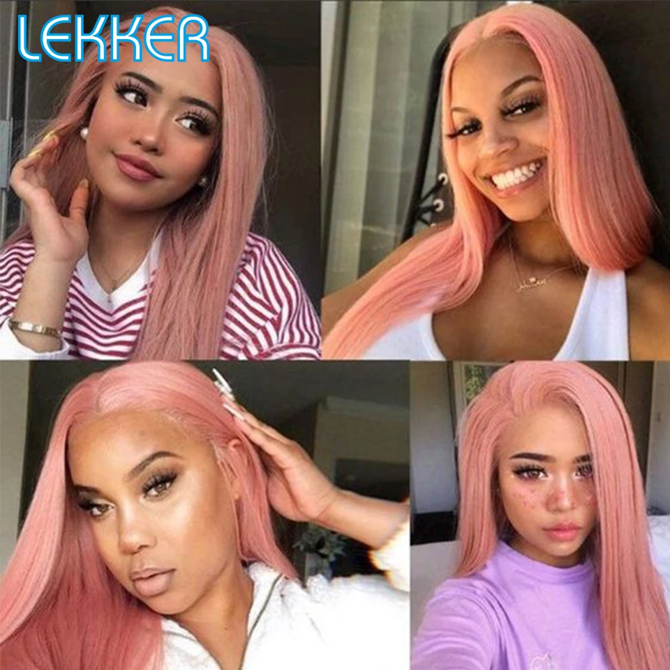 Lekker Rose Pink Bone Straight 13x6x1 T Part Lace Front Human Hair Wigs For Women Brazilian Remy Hair Glueless Colored Long Wigs