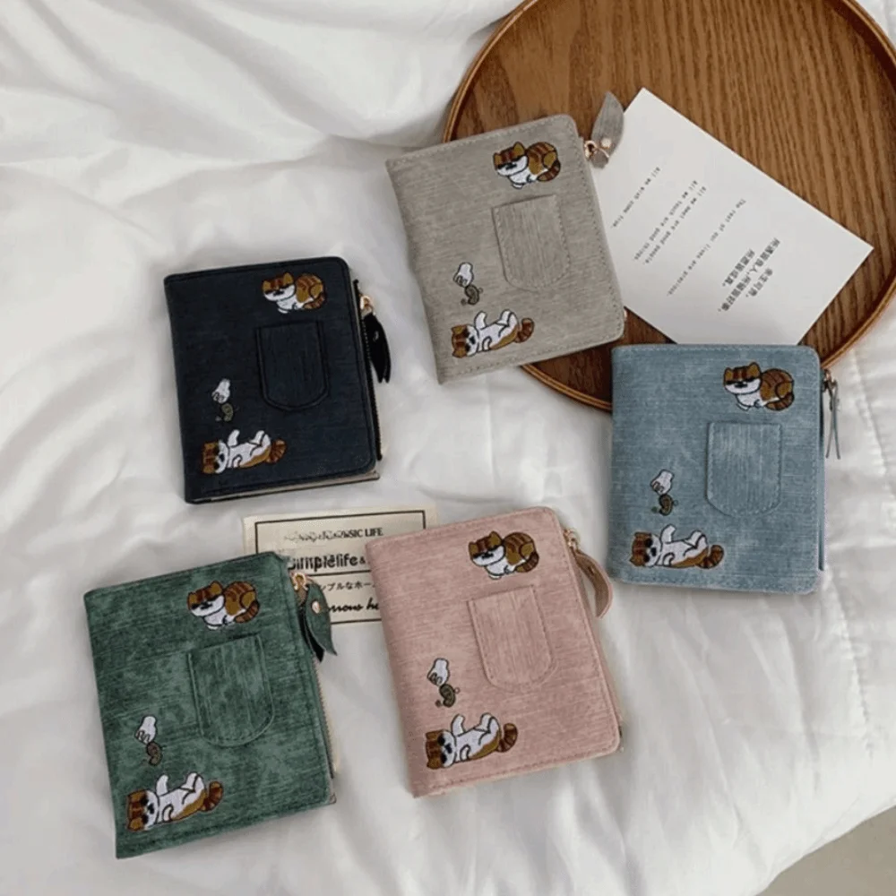 Cartera de gato bordada de estilo coreano portátil, monedero ultrafino, tarjetero, bolso de mano corto, tarjetero de cuero PU para viaje