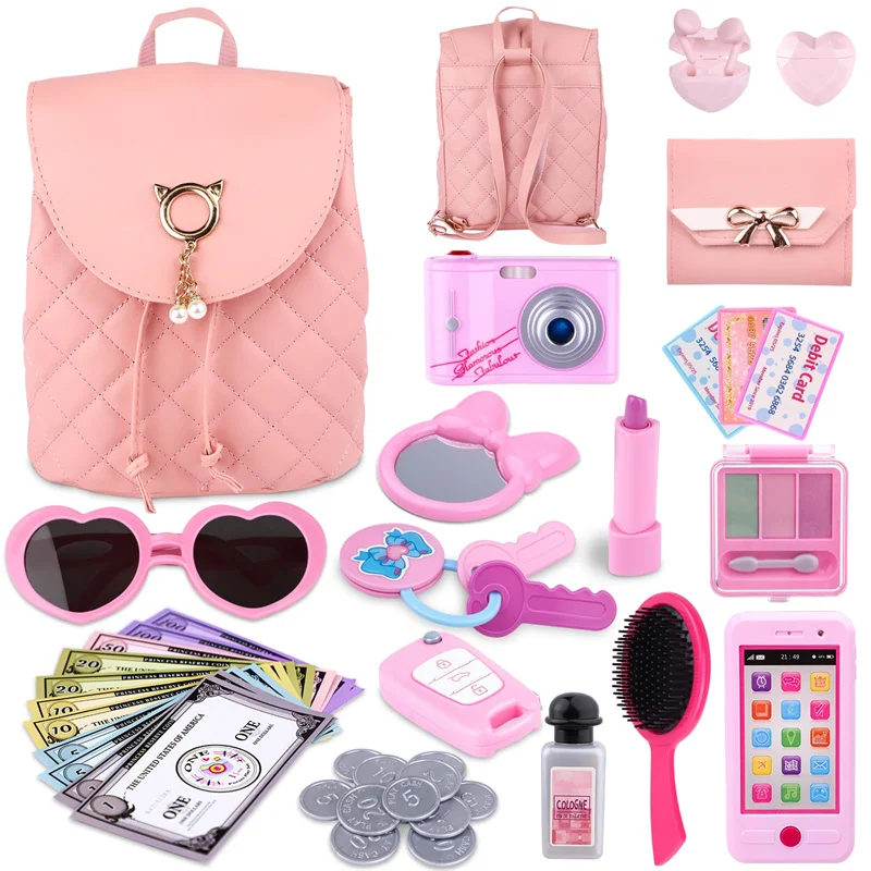 

Makeup Kids Purse Playset Girls Toys Backpack Purse Gifts For Girls Toy with Camera, Earphone, Smartphone, Sunglasses, Car Keys