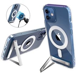 Capa de telefone magnética transparente para iphone 15 14 pro max 13 12 11 mini com suporte de metal para capa traseira de carregamento sem fio magsafe