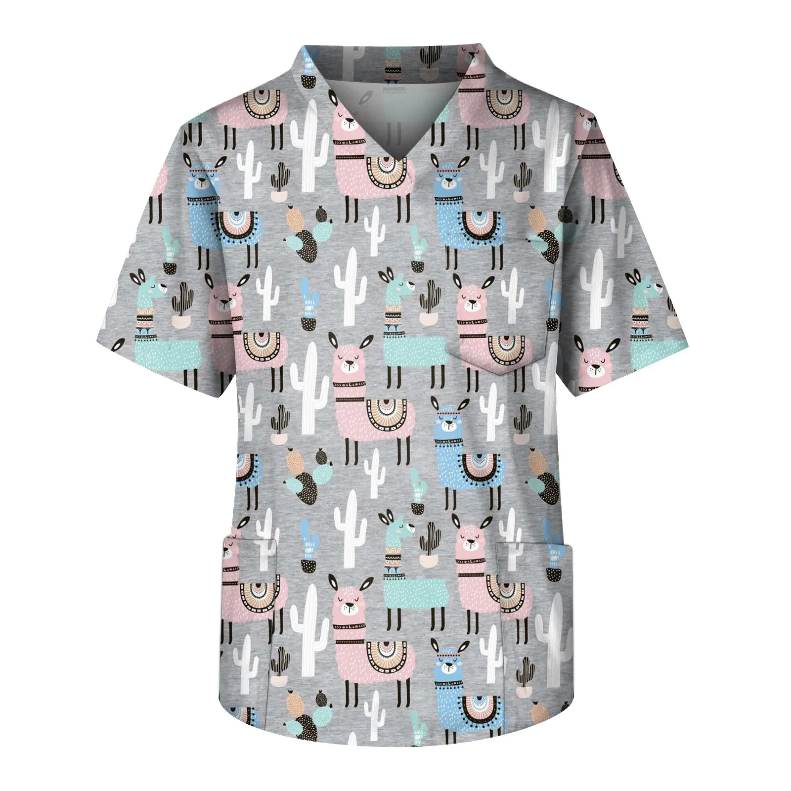 Heren Print Korte Mouw V-Hals Werkende Blouse Borstzak Ziekenhuis Arts Werkkleding Poplin Stof Veterinaire Chirurgische Outfit