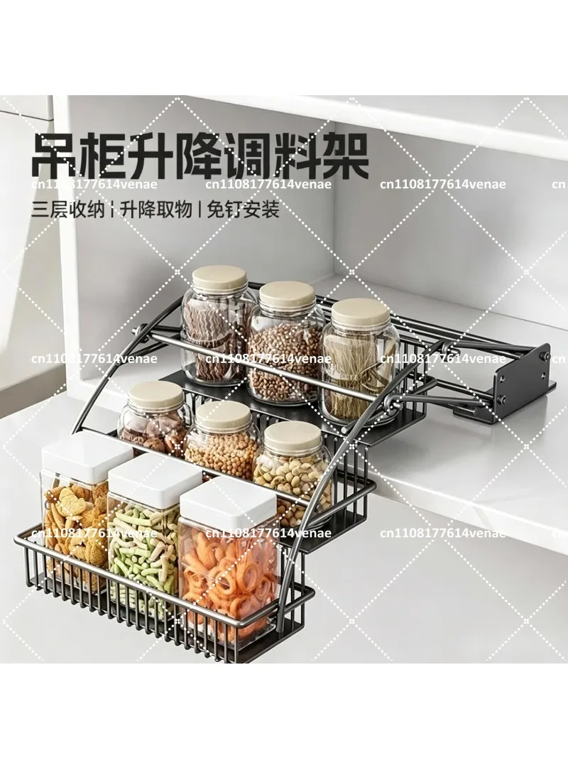 Kitchen Pull Down Cabinet Organizer, Small Hanging Storage Rack for Condiments, Space Saving Shelf