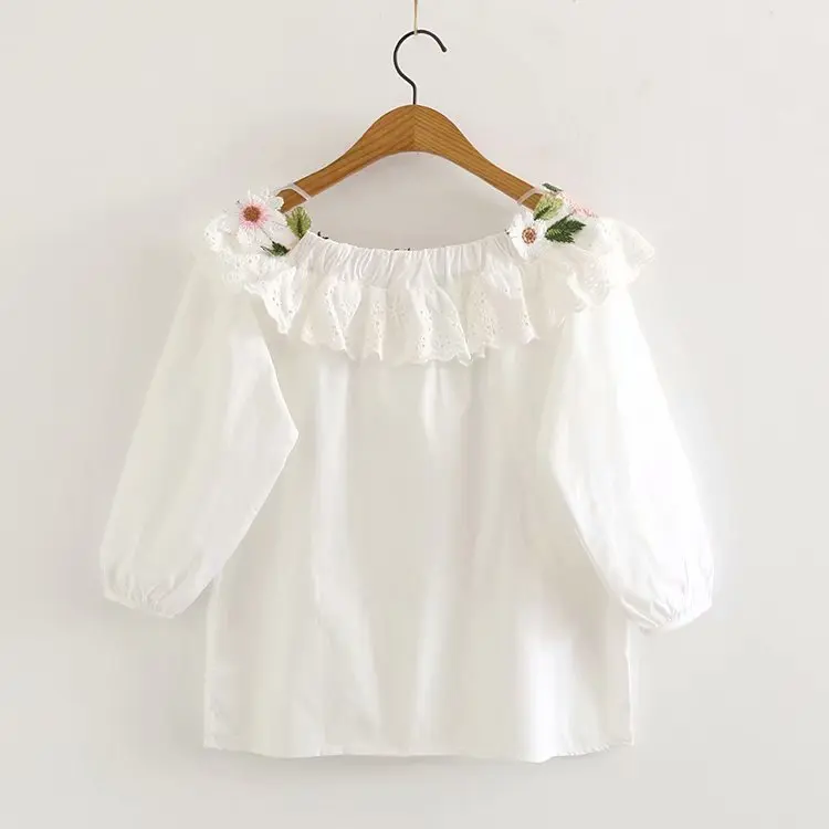 New Summer Cotton Half Sleeve Shirt Women Embroidery Floral Rose Tops Cute Girl Casual Sweet Loose Blouse 2024 Autumn T47255QM