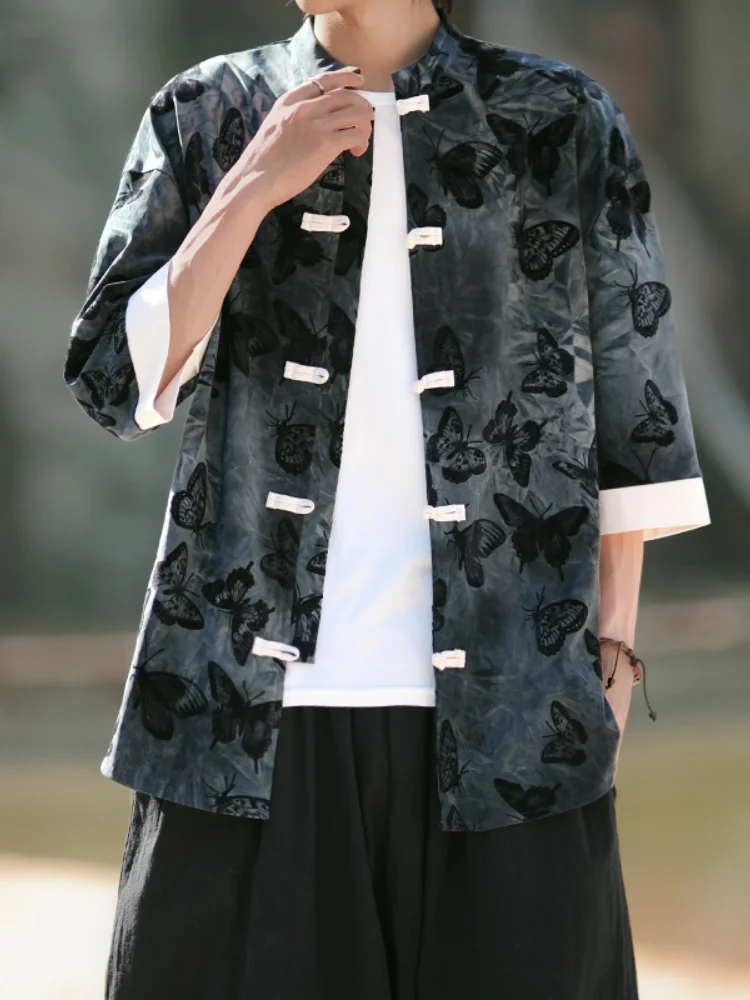 

Casual ort Sve Men's irt Summer New Sle Hanfu Five-Button Loose T-irt Thin Floral Design Stand Fit Polyester Fiber