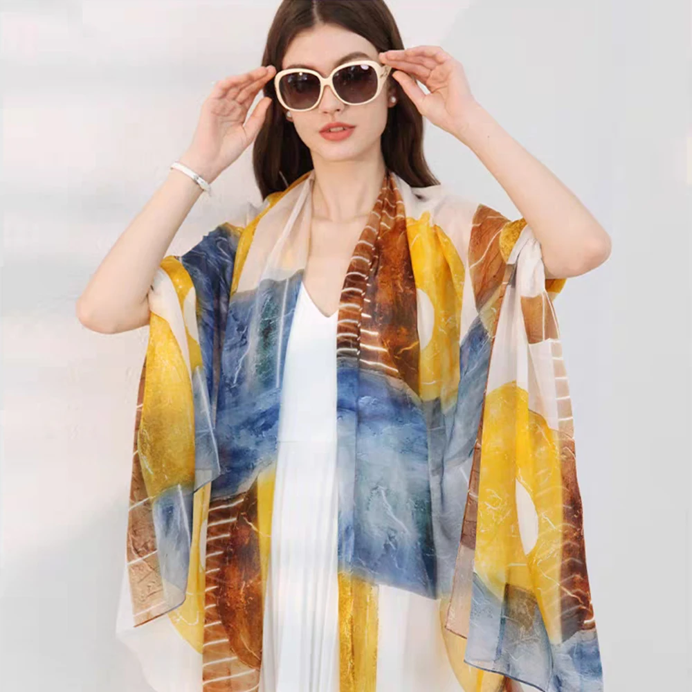 Orange Blue100% Silk Scarf Fashion Striped Design Long Scarves Ladies Summer Utralong Beach Shawl Winter Twill Scarves 195*110cm