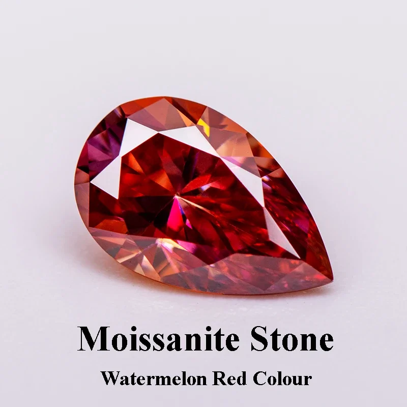 

Moissanite Stone Pear Cut Watermelon Red Colour Lab Created Gemstone Advanced Jewelry Making Materials with GRA Certificate