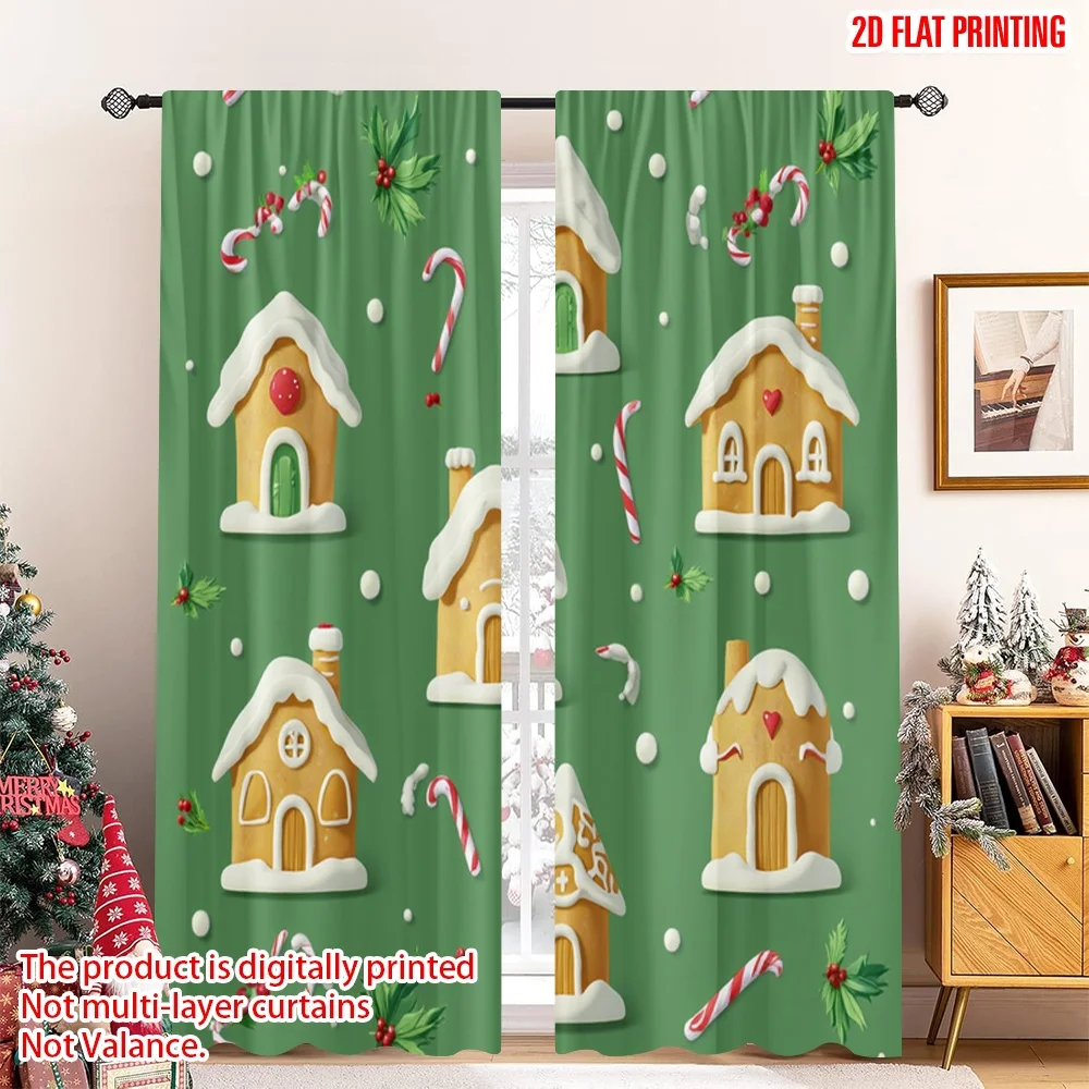 

2pcs 2D flat printing Merry Christmas Popular Window Drapes Christmas gingerbread houses candy canes Fabric Without Electricity