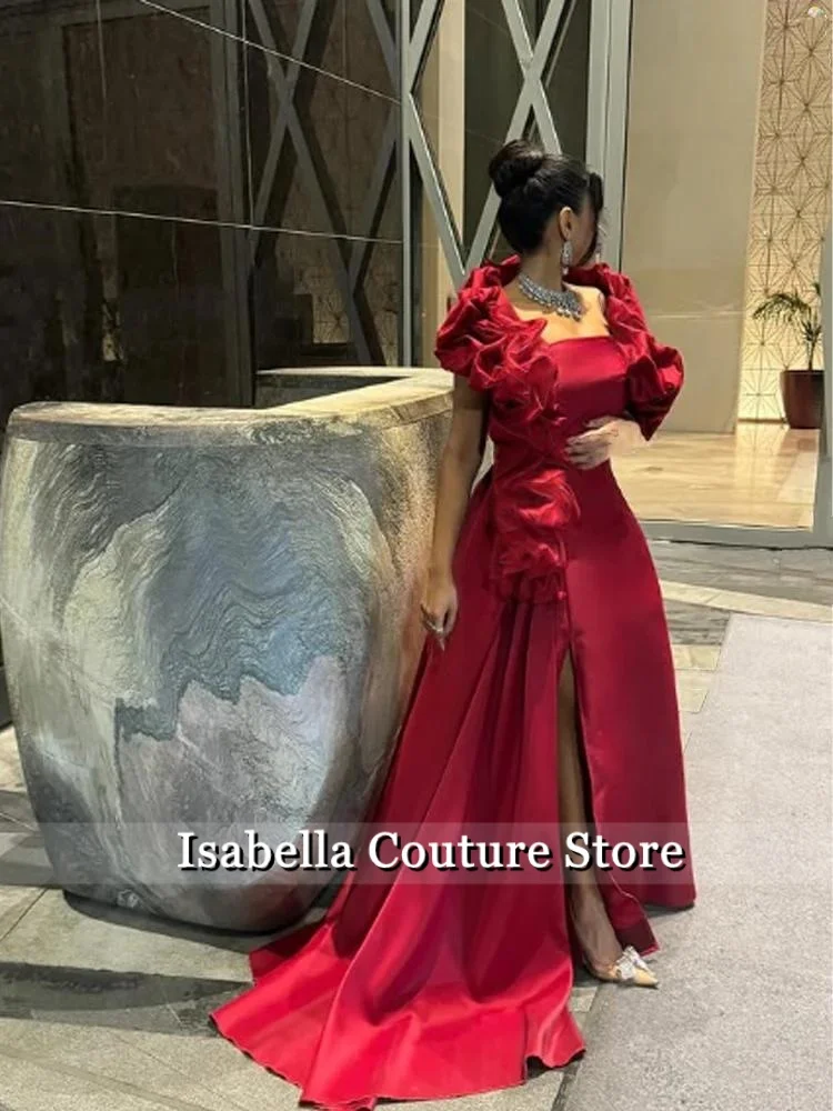 

New Red Fashion Prom Dresses For Women Crepe Short Sleeves Special Occasion Gowns Aline Slit Vestidos De Festa Customized