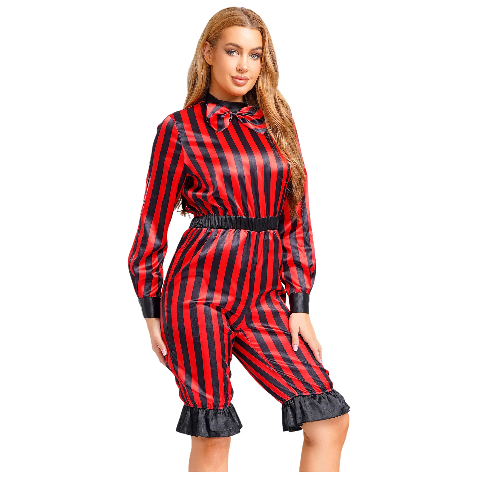 المرأة هالوين الشريرة مهرج السيرك تأثيري حزب حلي خمر السروال القصير القوس طويلة الأكمام البنطلونات السراويل مهرج بذلة