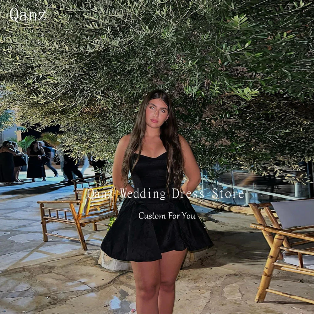 

Qanz Sexy Mini Party Dresses Black Satin Short A Line Prom Dress Above Knee Elegant Dresses For Special Event Customized