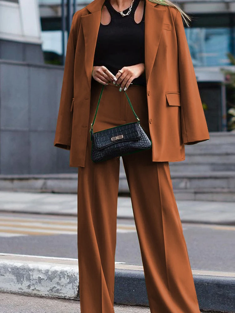 

Fashion Commuting Pocket Long Pant Set Casua l Long Sleeve Button Coat with Straight Pant Suit Women Elegant Blazer Solid Outfit