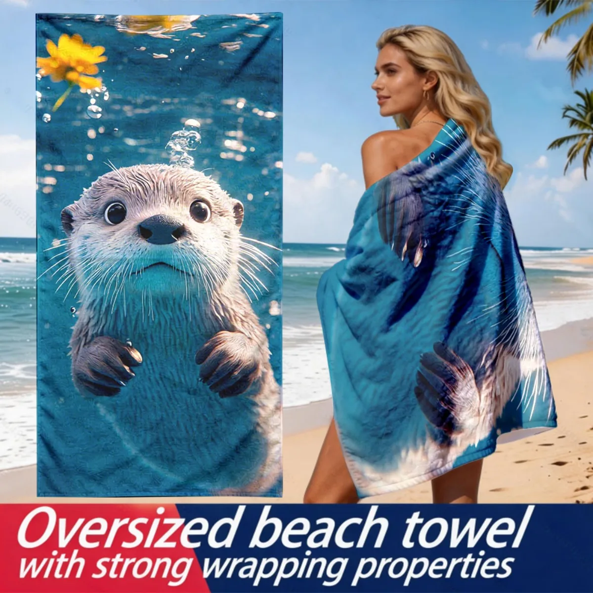 Underwater Otter Little Flower Theme polyester microfiber beach towel is highly absorbent, suitable for swimming beach outings