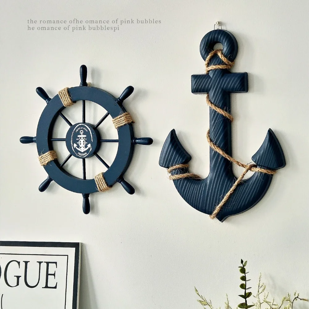 2PCS/Set Mediterranean Style Wooden Rudder Pendant Home Decor Wall Hanging Ornament Beach Vintage Ship Wheel Hanging Crafts