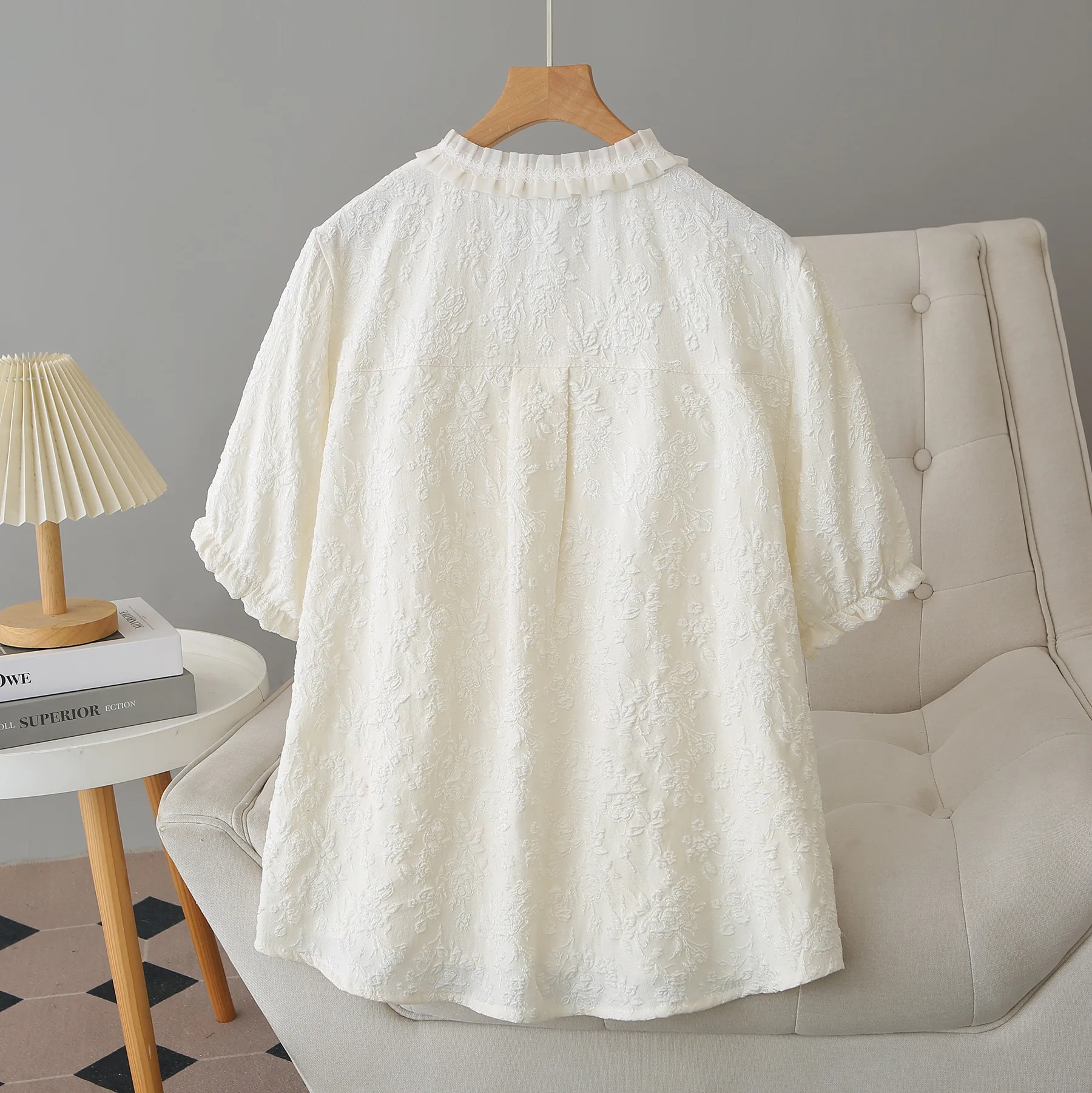 2026 Summer Plus Size Jacquard Cardigan Shirt Short Sleeve Ruffle Waist Slim Fit Tops For Curvy Women #1219 view 6