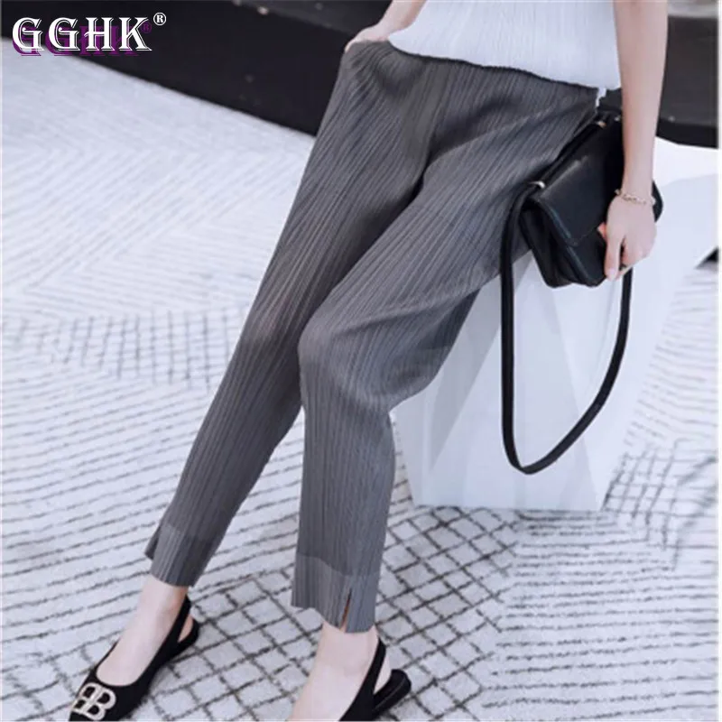 

GGHK Miyake Pleated Solid Colour Straight Leg Pants 2023 New Fashion Casual Niche Korean Designer Aesthetic Apparel In Stock