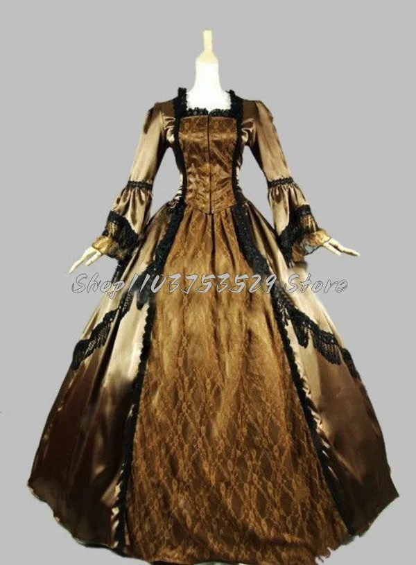 Renaissance Light Brown Victorian Prom Dresses Delicate Square Neck Lace Flared Sleeve Vintage Rococo Long Sleeve Dresses