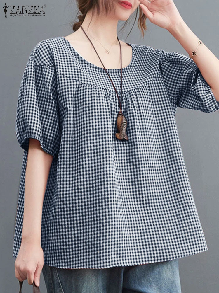 ZANZEA Summer Vintage Plaid Checked Tops Women Casual Loose Shirt Baggy Blusas Chemise Tunic Fashion O Neck Short Sleeve Blouse