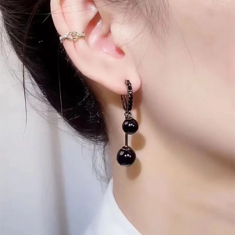 Boho Black Imitation Pearl Ball Hanging Drop Earrings for Women 2026 Elegant Crystal Grunge Jewelry Pendientes