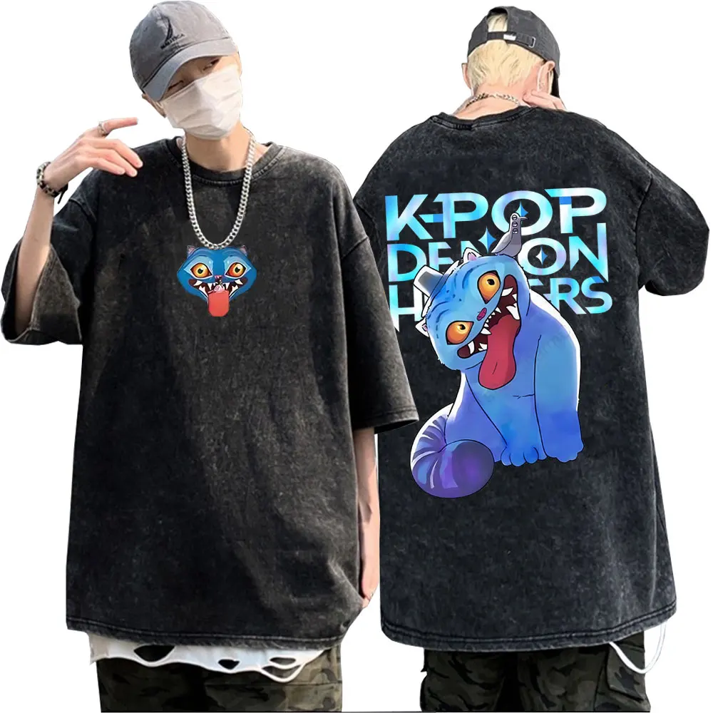 

Washed Vintage Funny Movie KPop Demon Hunters Derpy Tiger Double Sided Print T-shirt Men Women Casual Cartoon Fashion T Shirts