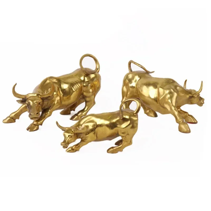 Gold Brass Charging Stock Market Bull Ornament Animal Figurine Wall Street Bull OX Statue Feng Shui Sculpture Home Office Decor