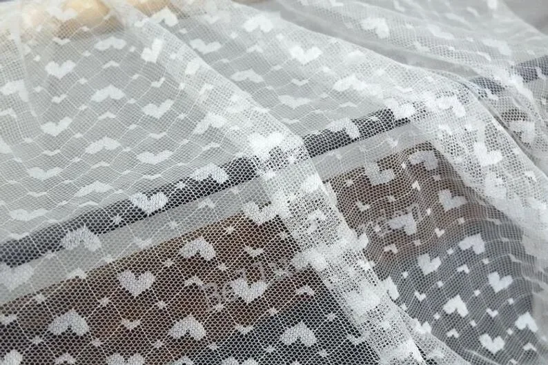 1 yard Black White heart stretch Lace fabric heart embroidery soft tulle lace for wedding dress bridal veil 59