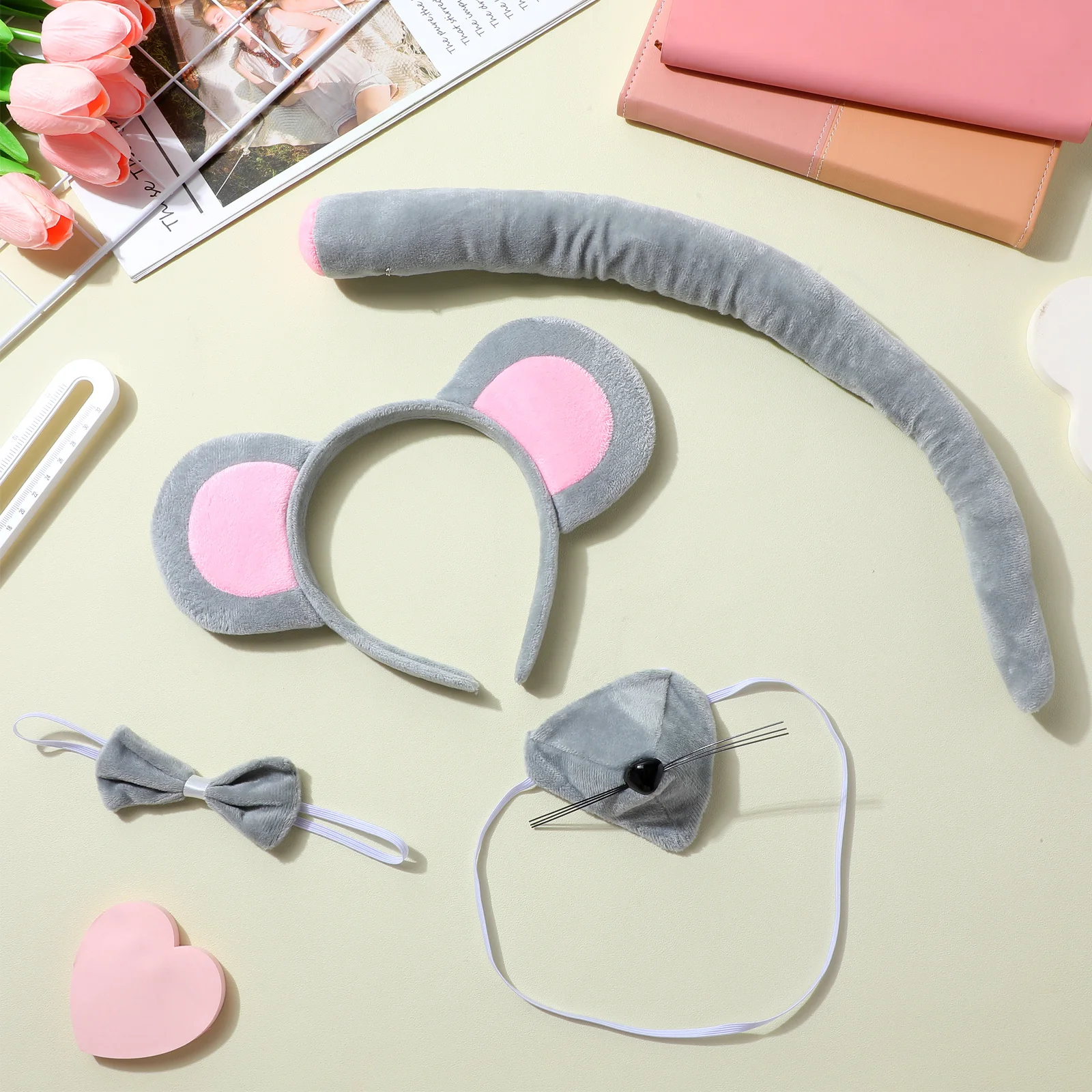 Zestaw uszu myszy z opaską, noskiem, ogonem i muchą, lekki i przenośny, idealny na Halloween, Boże Narodzenie, imprezy i cosplay.