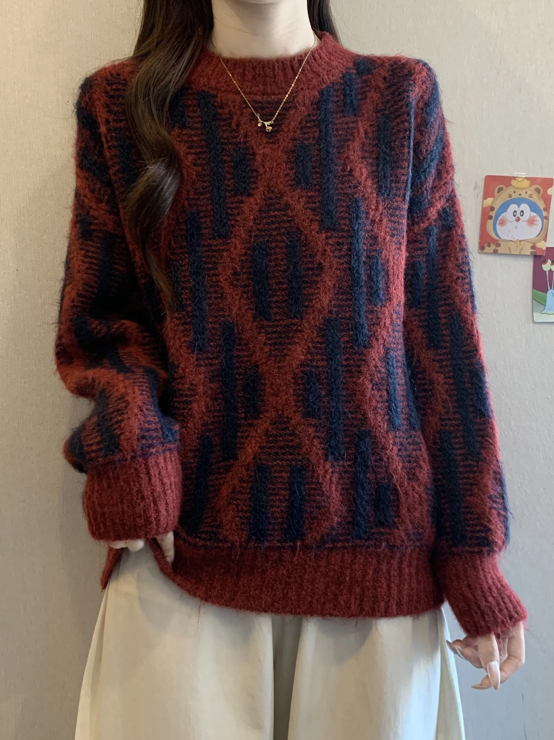 

Unique Beautiful Retro Diamond Pattern round Ne Thiened Knitted Sweater Women's plus Size Autumn Winter Faion Big Size