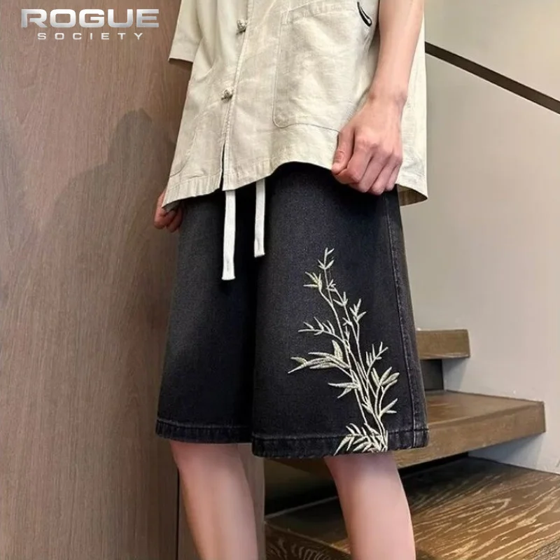 

Sport Harajuku Summer Jorts American Street Vintage Men Women Denim Shorts Bamboo Embroidery Drawstring Loose Y2k Washed Casual