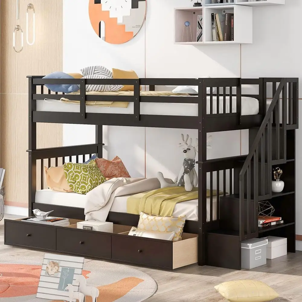 

Twin Over Twin Staircase Bunk Bed with Storage Drawers, Suitable for Kids, Teens, and Adults, Convertible to Separate Beds, No B