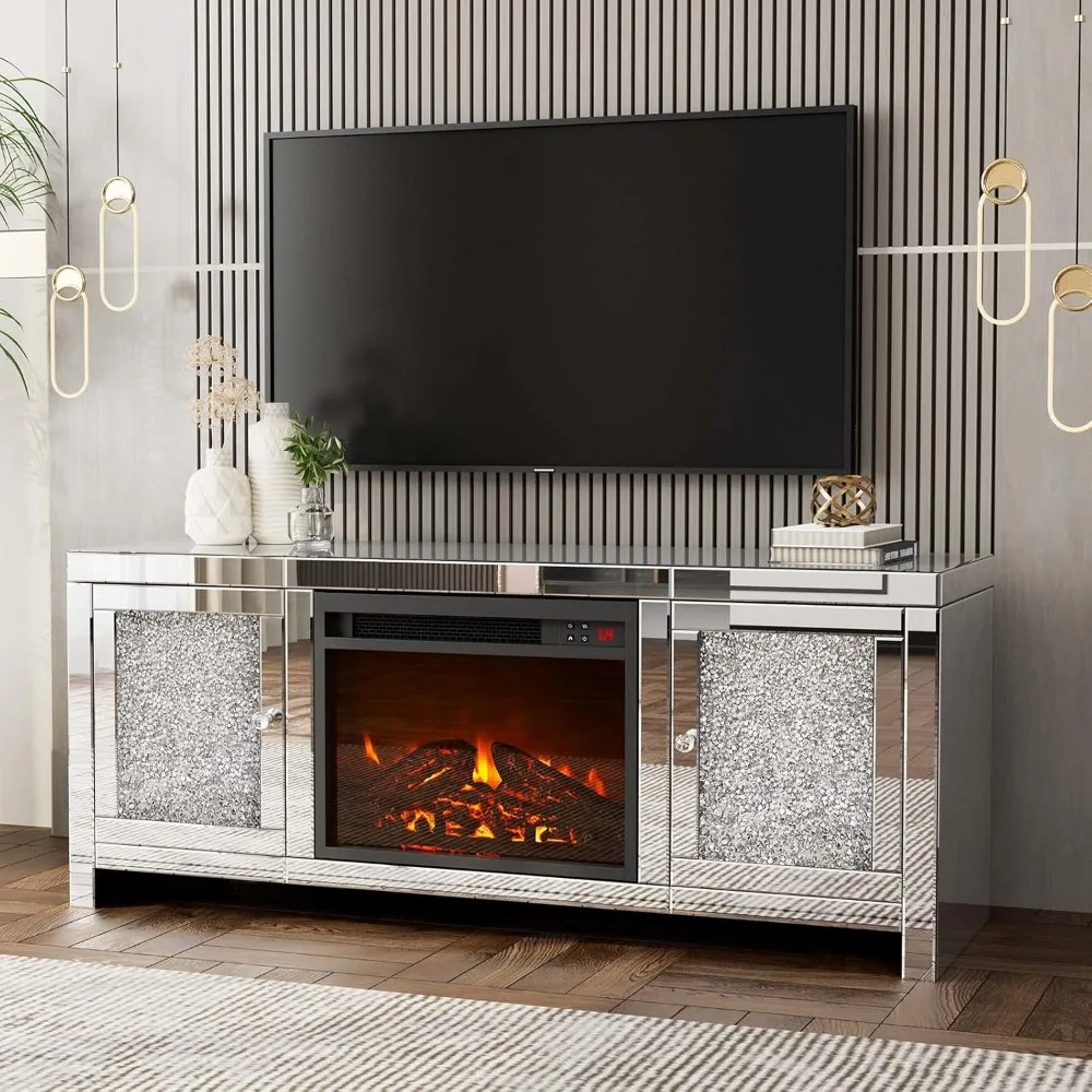 Mirror Fireplace TV Cabinet, Mirror Media Entertainment Center, Silver TV Console Table, Living Room Mirror Furniture