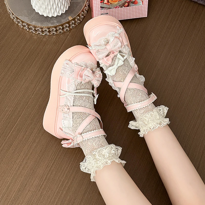 

Women Mary Jane Single Shoe Elegant Temperament Soft Sole Lace Lolita High Heels Fad Beautiful Princess Shoes for Women Tacones