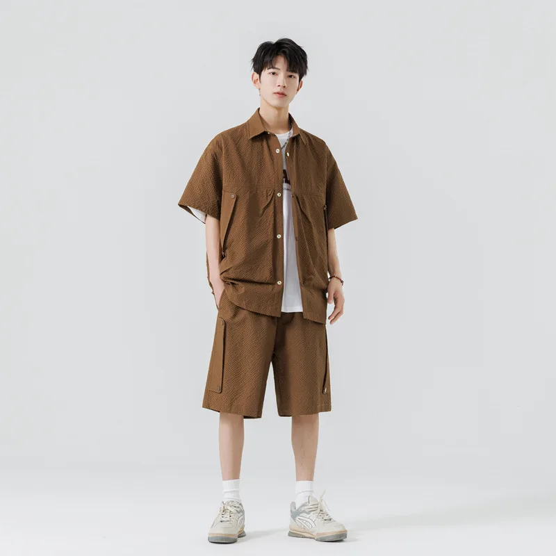 Men's Shirts Cargo Shorts Sets with Pocket Summer Solid Casual Tracksuit Button Single Breasted Short Sleeve Seersucker Street