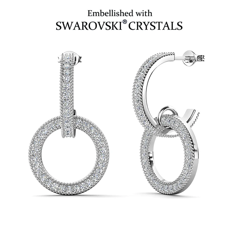 Double Circle Round Hoop Drop Earrings Embellished with Swarovski Crystals Copper White Gold Plated Women Jewelry Bridal Gift