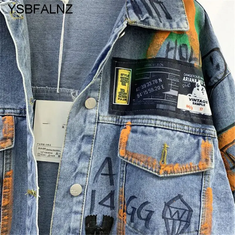 Jeans Jacket Women Streetwear Fashion Spliced Graffiti Print Denim Jacket Pocket Lapel Loose Patchwork Hip Hop Coat Female 2021