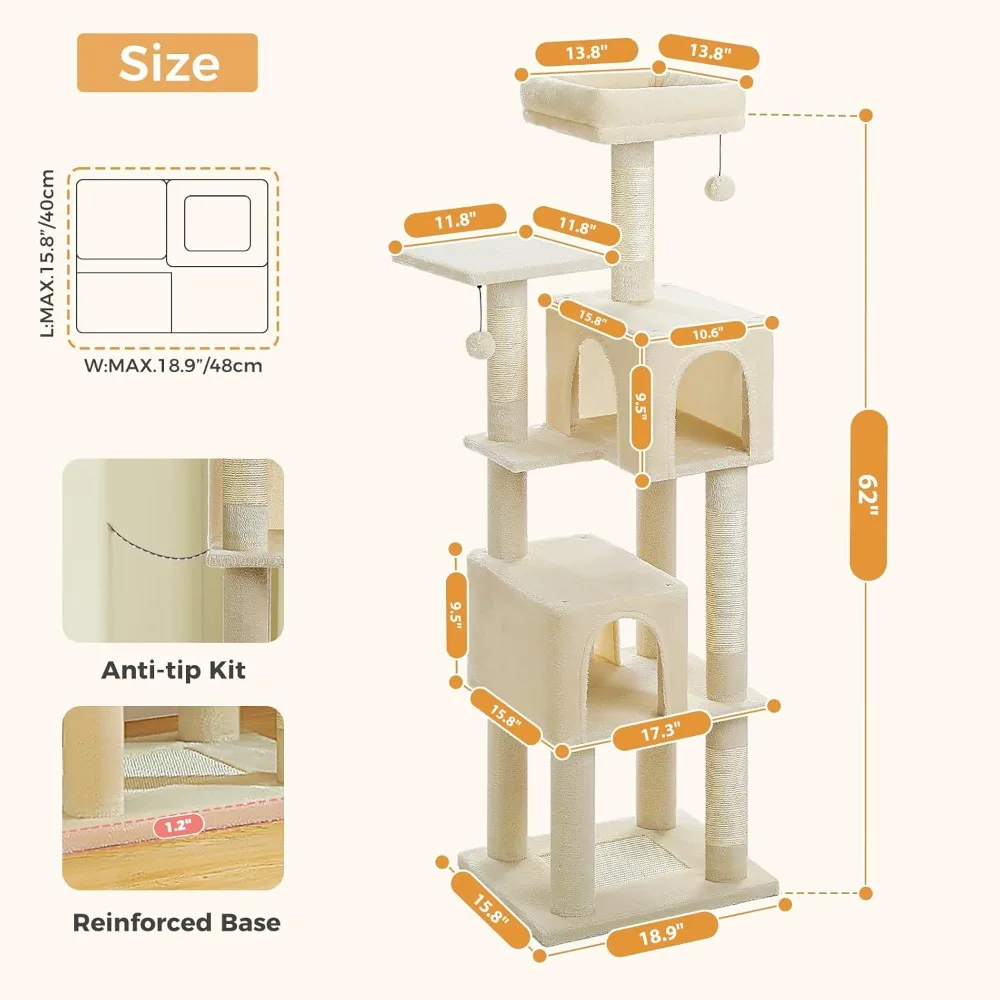 PAWZ Road Cat Tree Tower 62 Inches Cat Tree with 2 Condos,2 Large Perch,4 Scratching Posts & 1 Scratching Board, and 2 Hanging B
