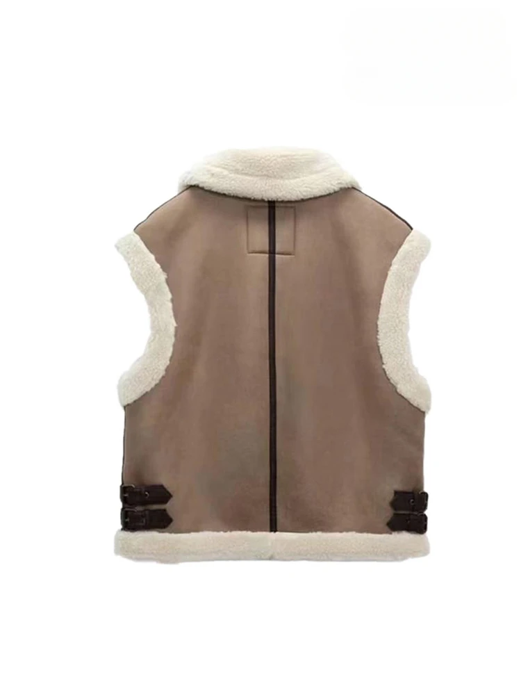 Women's Brown Fur Warm Vest One-piece Lapel Thickened Vest Urban Elegant Women's Commuter Jacket Temperament Zipper Vest