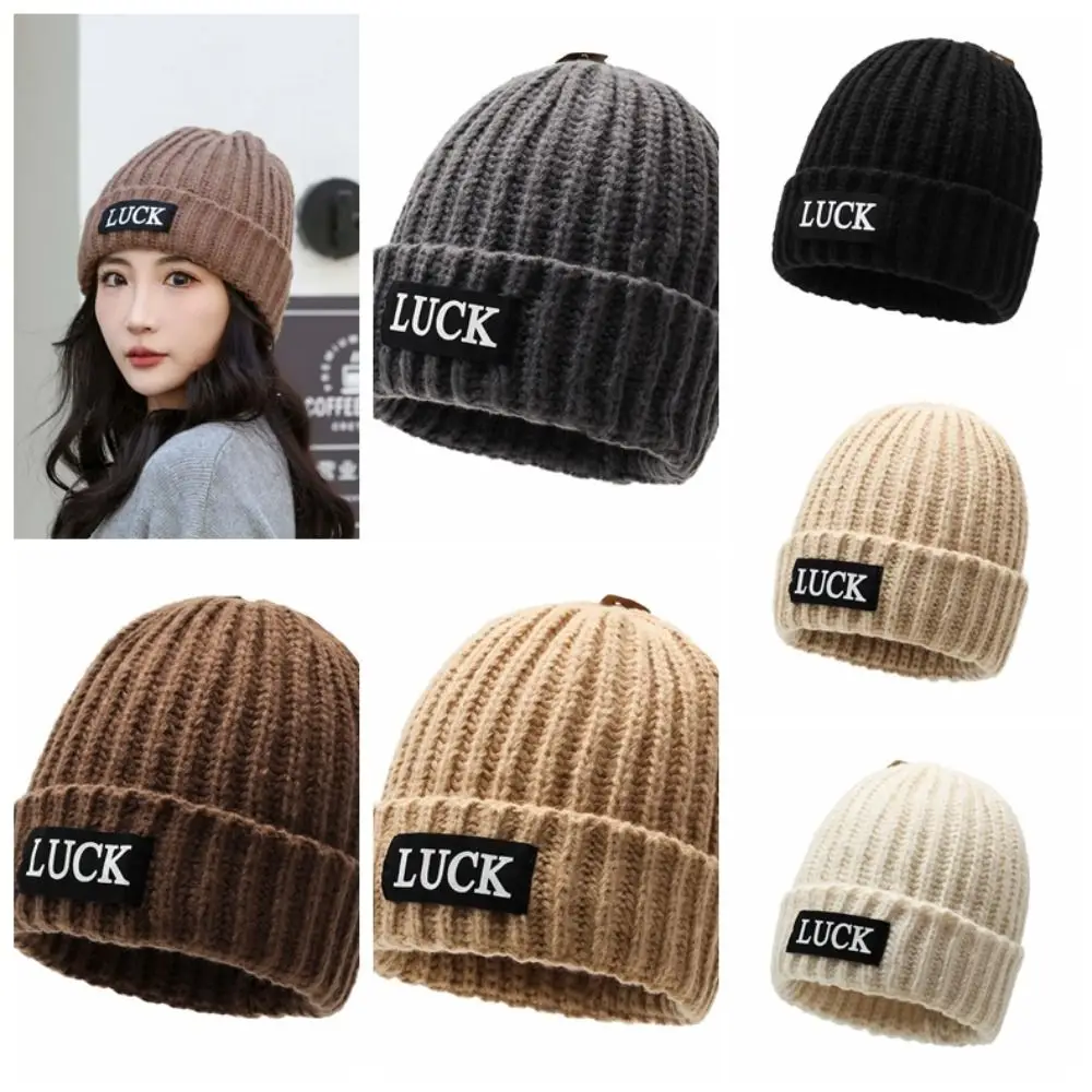 

Versatile Streetwear LUCK Pullover Hat Soft All-match Solid Color Knitted Cap Headgear Dome Brimless Beanie Cap Gifts