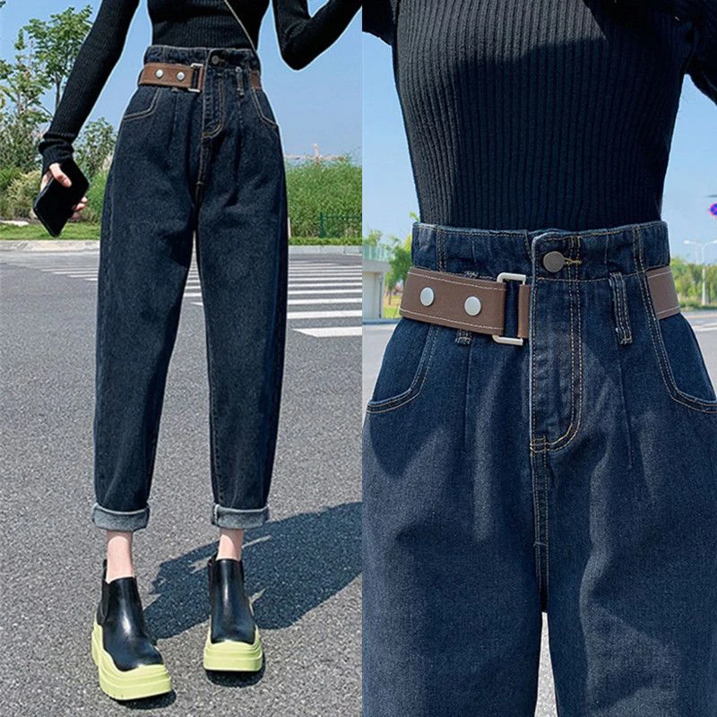 

Women's High-Waisted Retro Haren Pants, Loose Female Jeans, Casual Radish, Nine-Point Pants, Blue, Gray, Large Size, Autumn, Win