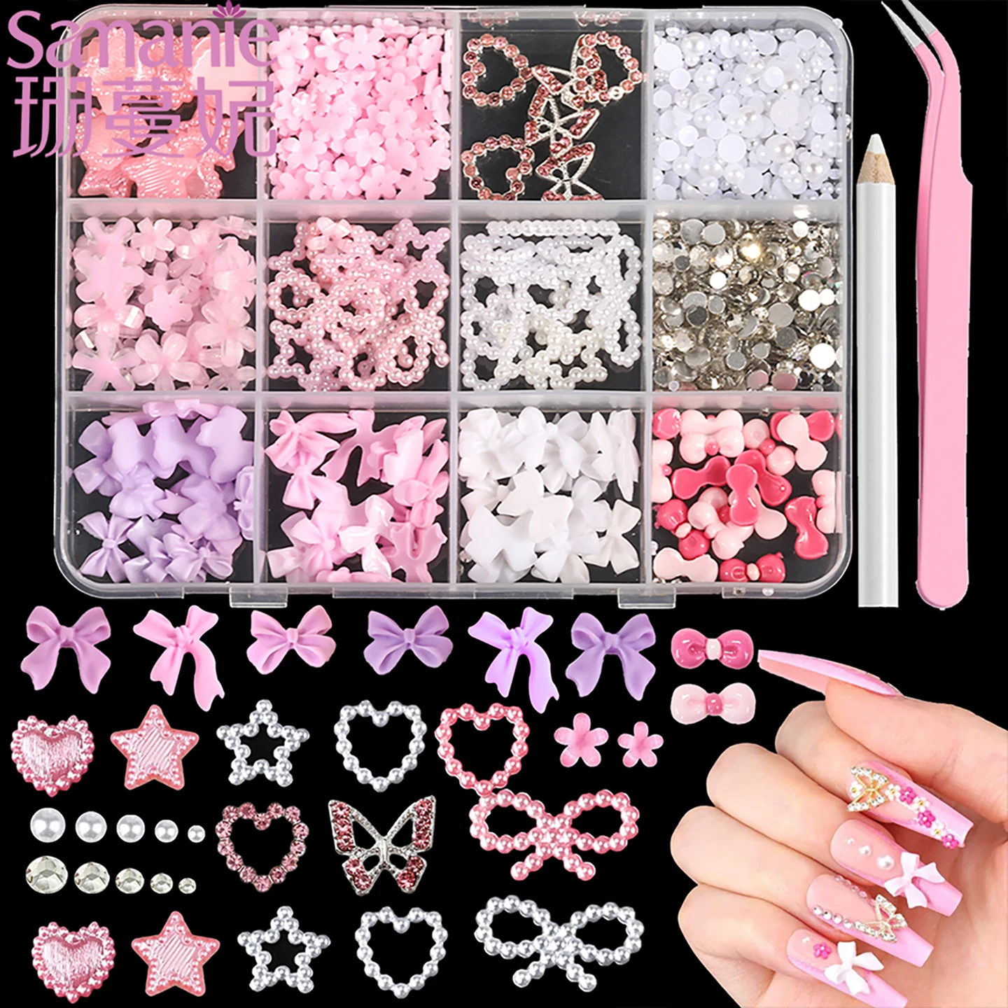 SANANIE 12 Grids Fashion 3D Resin Heart Bow Bowknot Pentagram Nail Art Charm Mixed Pink Purple White Pearl Nails DIY Accessories