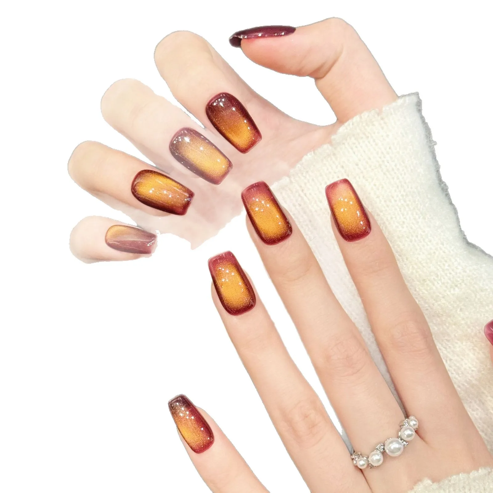 10개입 레드 오렌지 그라데이션 숏 래더 프레스온 네일 수제 인조 손톱 (4종 도구, 접착 네일 글루 탭 포함)