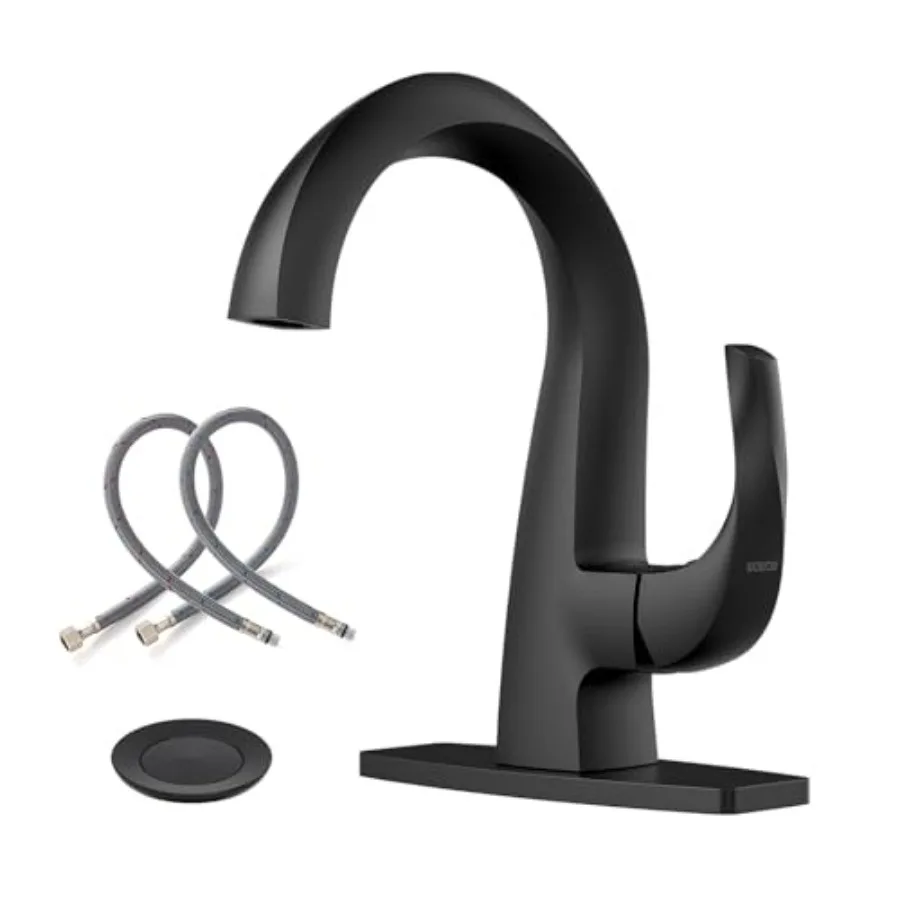 

Single Handle Bathroom Faucet Matte Black Solid Brass High Arc Design for Easy Installation Pop Up Drain 5 Year Warranty