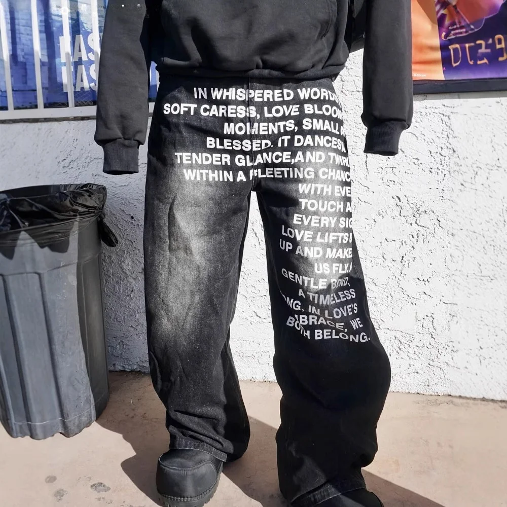 

Retro Hip Hop Men's Jeans Street Style Gothic Harajuku Letter Pattern Casual Loose Fit Denim Pants Youth Fashion Spring Autumn