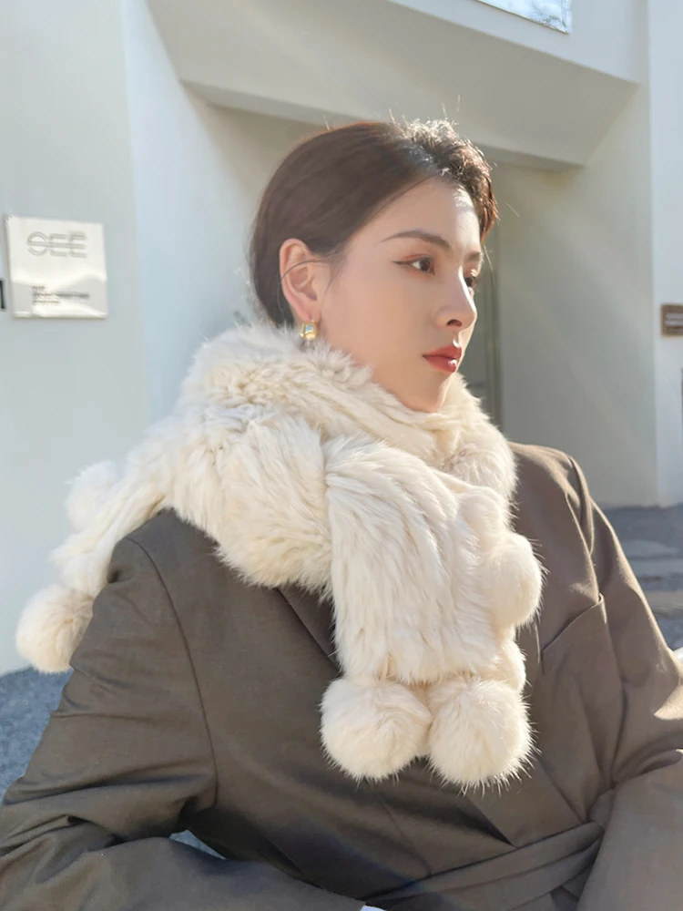 2022 New Women Knitted Rabbit Fur Scarf Shawl with Pocket Fur Balls Winter Warm Fur Wraps Mufflers Fashion Pashmina